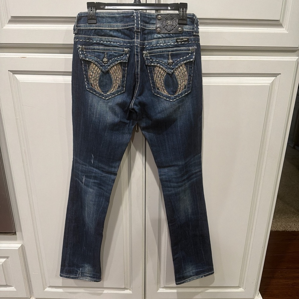 Miss Me Dark Blue Straight Leg Jeans with Woven Pocket Detail 27